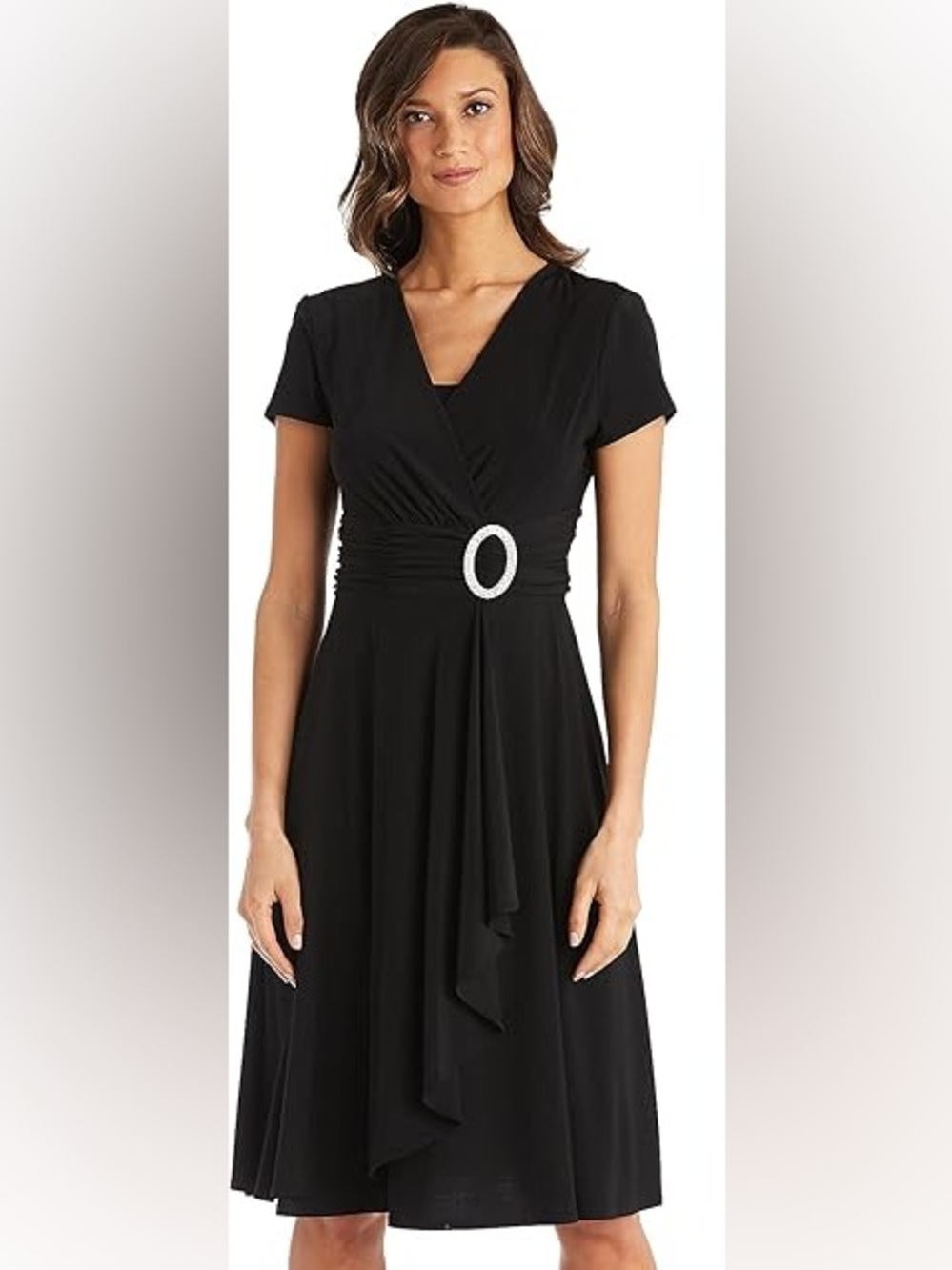 NWT R&M Richards Black Short-Sleeve cocktail Dress with Rhinestone Buckle